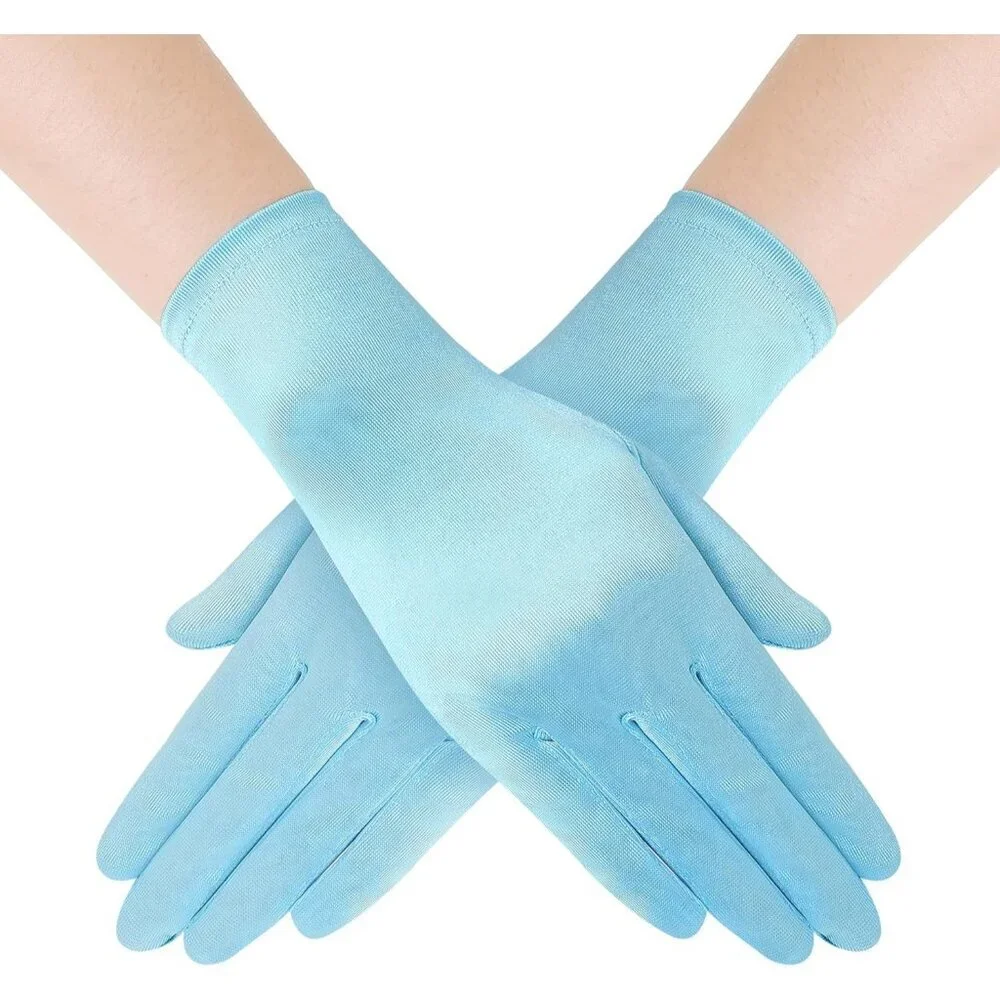 Women's Baby Blue Satin Silk Gloves Banquet Wedding Party Costume Accessories